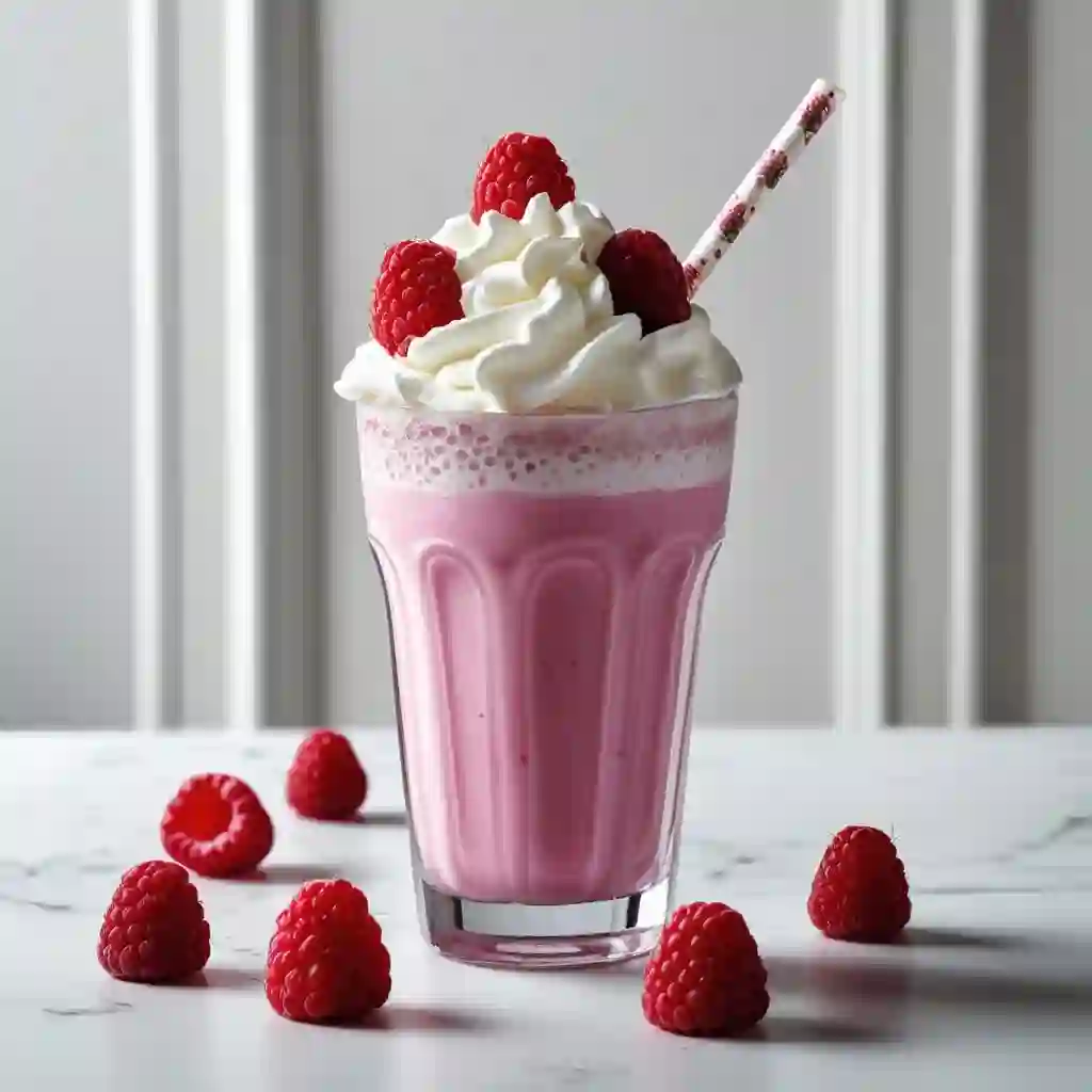 A delicious raspberry milkshake topped with whipped cream and fresh raspberries, served in a clear glass