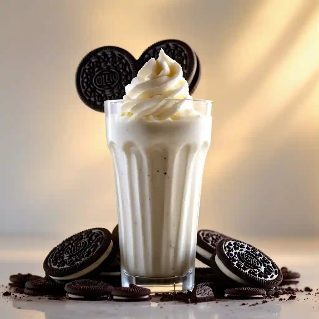 A creamy Oreo milkshake topped with crushed Oreo cookies, served in a tall glass with a straw