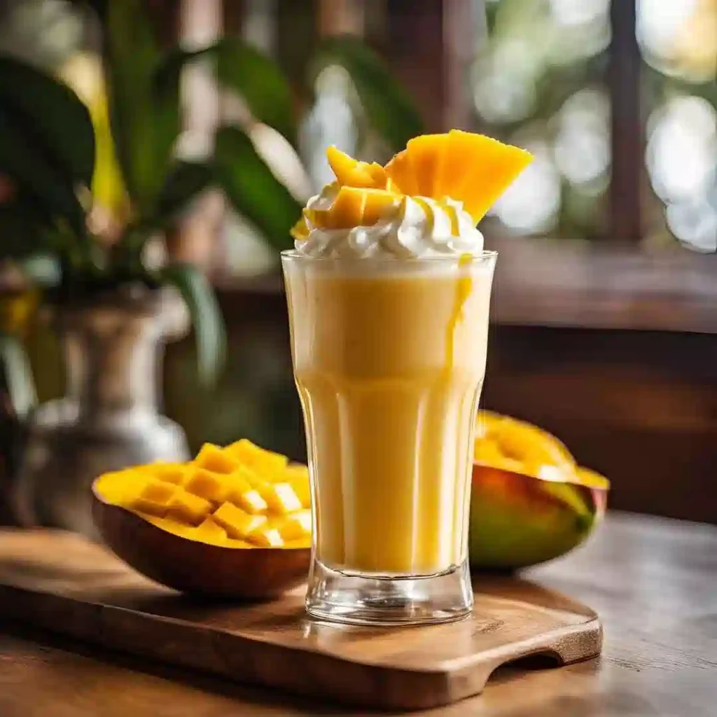 A thick mango milkshake topped with whipped cream and fresh mango slices