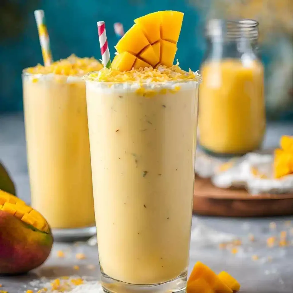 Two glasses of vegan mango milkshake with colorful straws