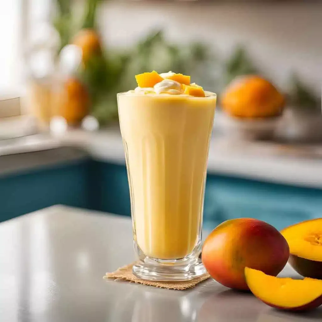 A low-fat mango milkshake topped with fluffy whipped cream