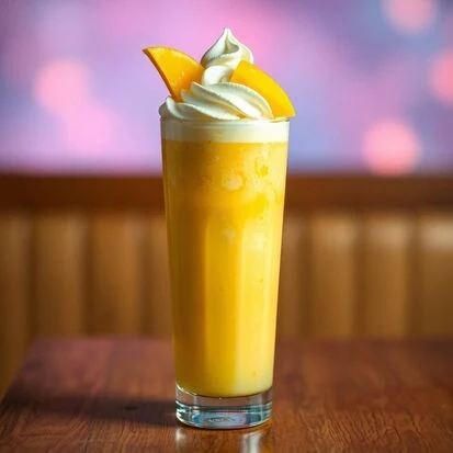 Mango milkshake poured into a glass with mango slices