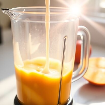 Pouring milk into the mango puree in a blender.