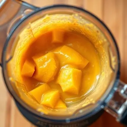 Chopped mango in a blender, ready to blend.