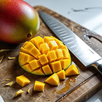 Chopped ripe mango pieces on a wooden countertop.