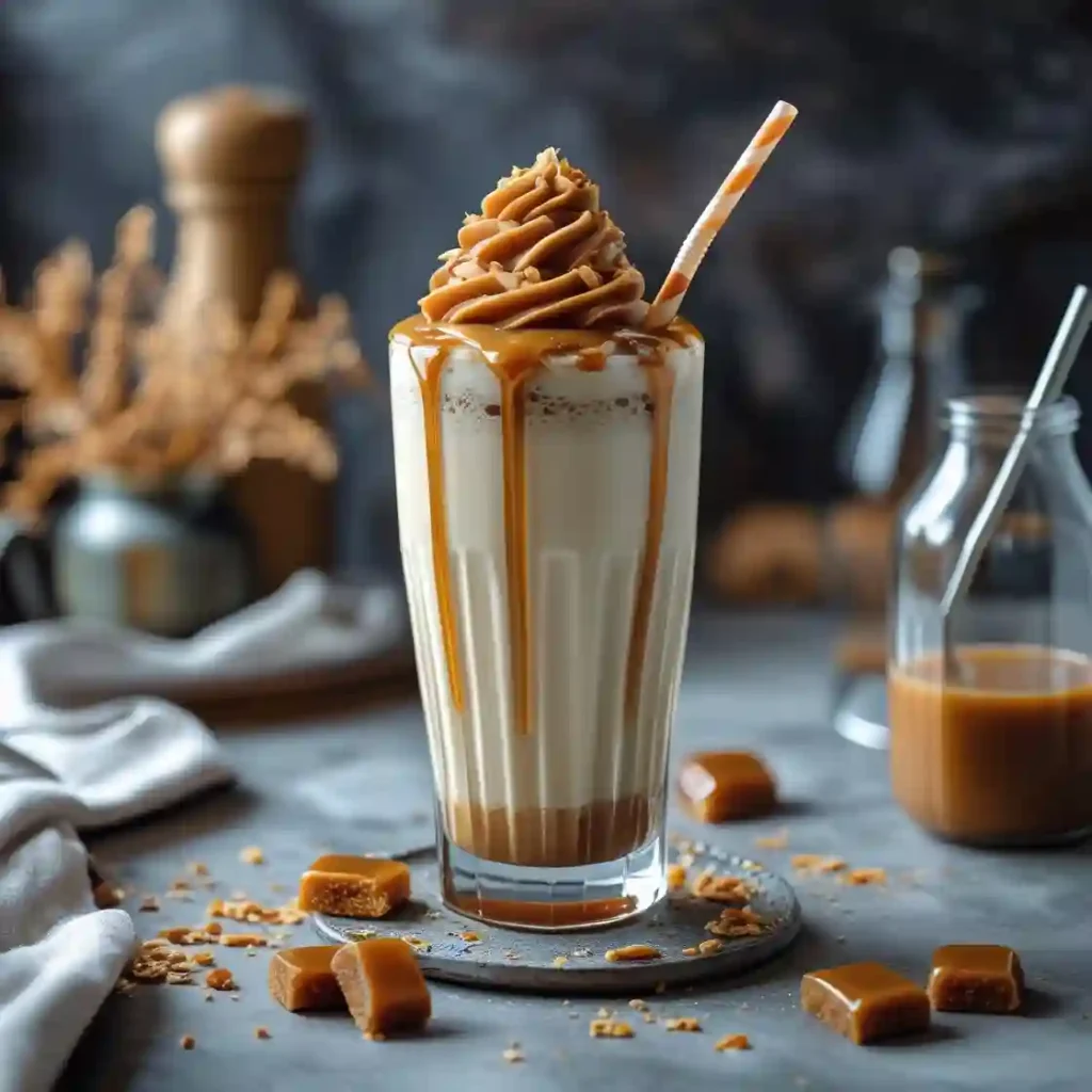 A delicious caramel milkshake topped with caramel drizzle and colorful candies.