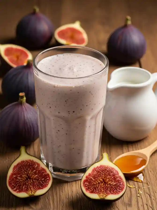 A creamy Fig milkshake in a tall glass on a wooden table, surrounded by fresh figs, a small white jug, and a spoonful of honey.