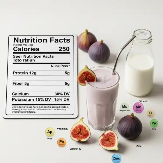 A glass of fig milkshake with figs, a milk bottle, and a spoon. Nearby are fresh figs, a detailed nutrition facts card, and colorful vitamin labels.