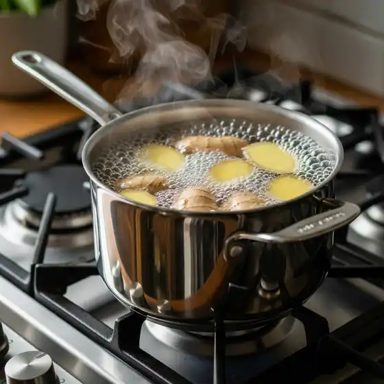 A pot of boiling water on a stovetop, bubbling around ginger slices, with steam rising in a warmly lit kitchen—an early step in preparing Ginger Milk Tea.