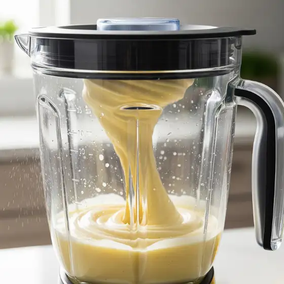 Close-up of a blender mixing a thick, creamy, yellow smoothie for a Pineapple Milkshake Recipe. The smoothie forms a vortex, suggesting dynamic motion and freshness.