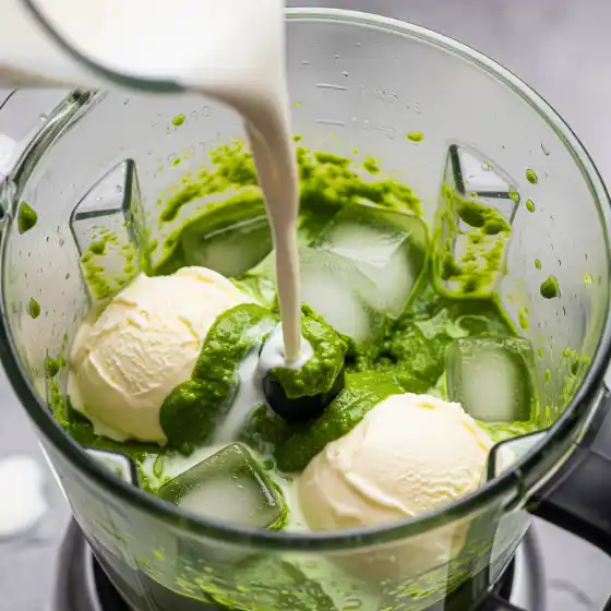 A blender filled with ingredients for Paan Milkshake, including creamy vanilla ice cream, a green paan mixture, ice cubes, and milk being poured in.