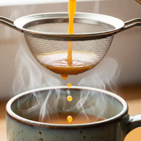 Steaming Ginger Milk Tea is poured through a metal strainer into a mug, releasing fragrant steam. The setting feels warm and inviting.