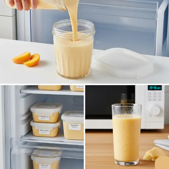 A creamy Peach Milkshake is poured into a jar, beside sliced peaches and a lid. Freezer containers labeled with various contents are stored nearby. A smoothie-filled glass sits on a counter, evoking freshness and organization.