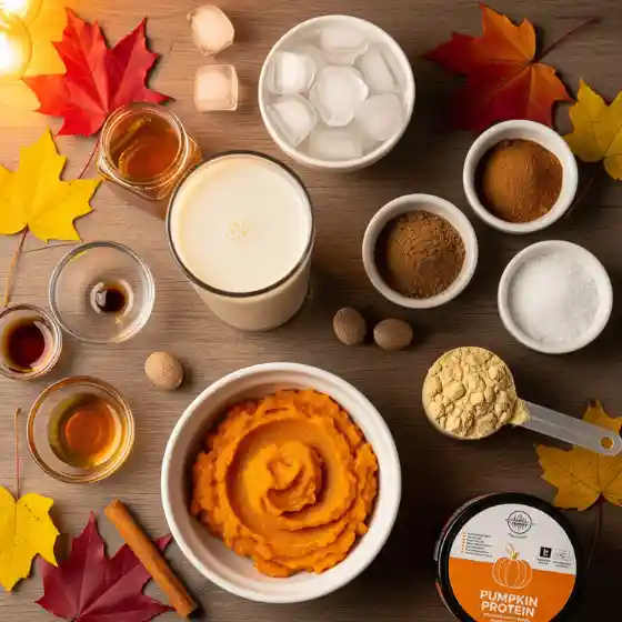 A flat lay of autumn ingredients for a Pumpkin Protein Shake, including pumpkin puree, spices, milk, and syrup, surrounded by colorful fall leaves.