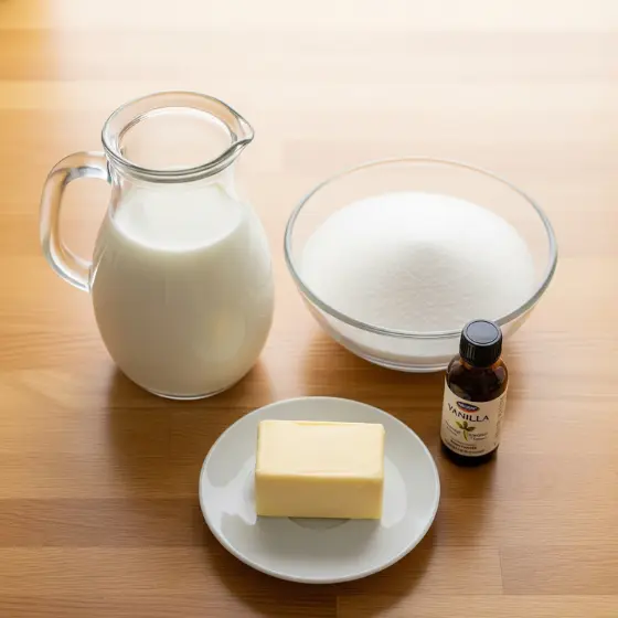 Homemade Condensed Milk ingredients: a glass pitcher of milk, a bowl of sugar, a plate with butter, and a bottle of vanilla extract on a wooden countertop.