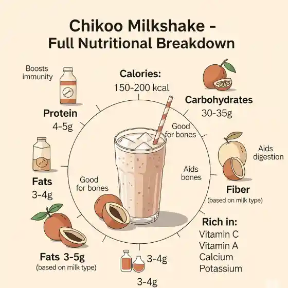 Infographic detailing the nutritional benefits of a Chikoo Milkshake, highlighting calories, protein, carbs, fats, fiber, and vitamins found in a typical Chikoo Milkshake.